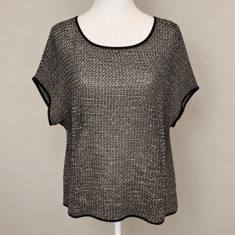 Eileen Fisher Black White Textured Knit Short Sleeve Top Italian Fabric S16CCZ S